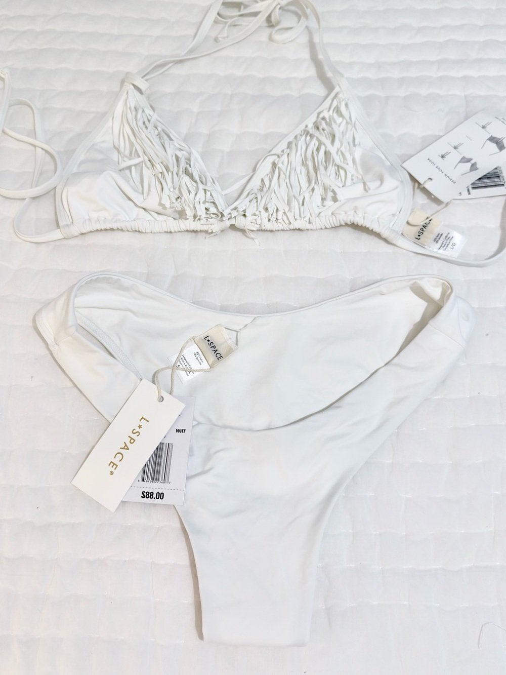 l*space White Fringe Triangle Bikini Top with White Bottom